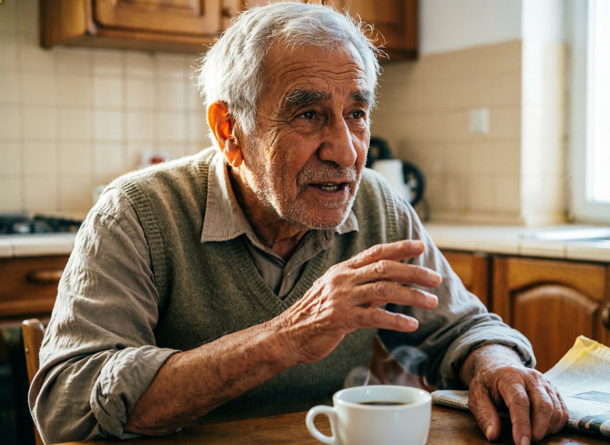 Um homem de oitenta e poucos anos conta uma história à mesa da cozinha.