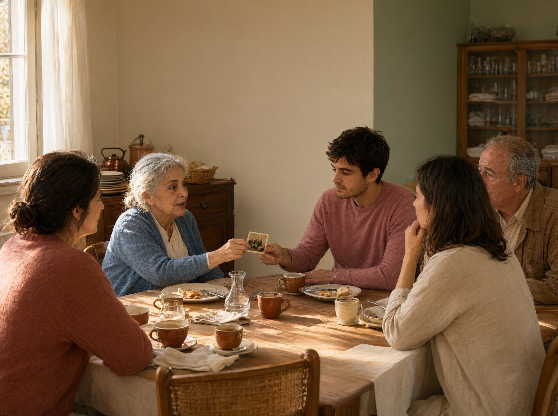 Uma família à mesa depois do almoço. Uma senhora passa uma foto antiga ao neto.