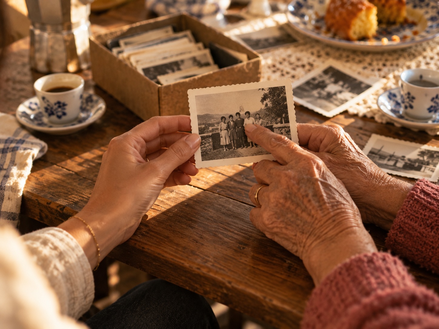 Uma avó e a neta seguram juntas uma foto antiga da família, à mesa da cozinha.