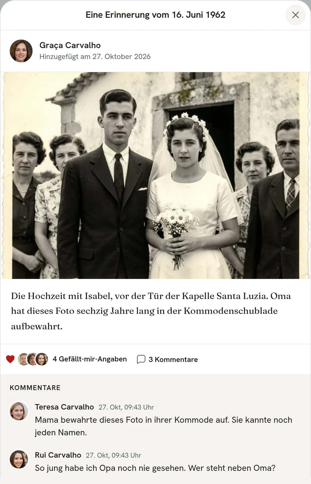 Eine geöffnete Hochzeitserinnerung in Eternos mit Foto, Geschichte und Kommentaren von Teresa und Rui.