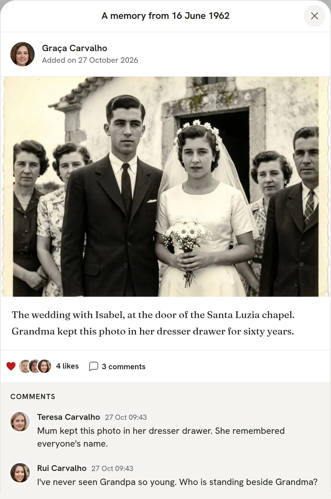 A wedding memory opened in eternos, with its photo, story, and comments from Teresa and Rui.