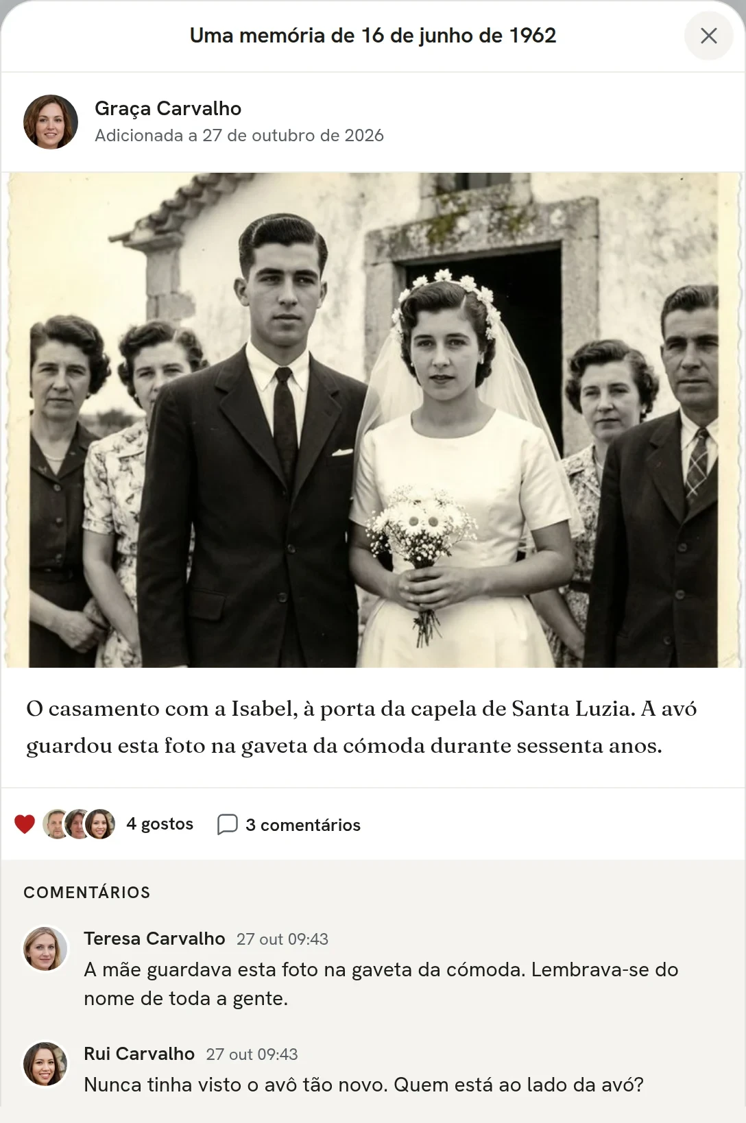 Uma memória de casamento aberta no eternos, com a foto, a história e os comentários da Teresa e do Rui.