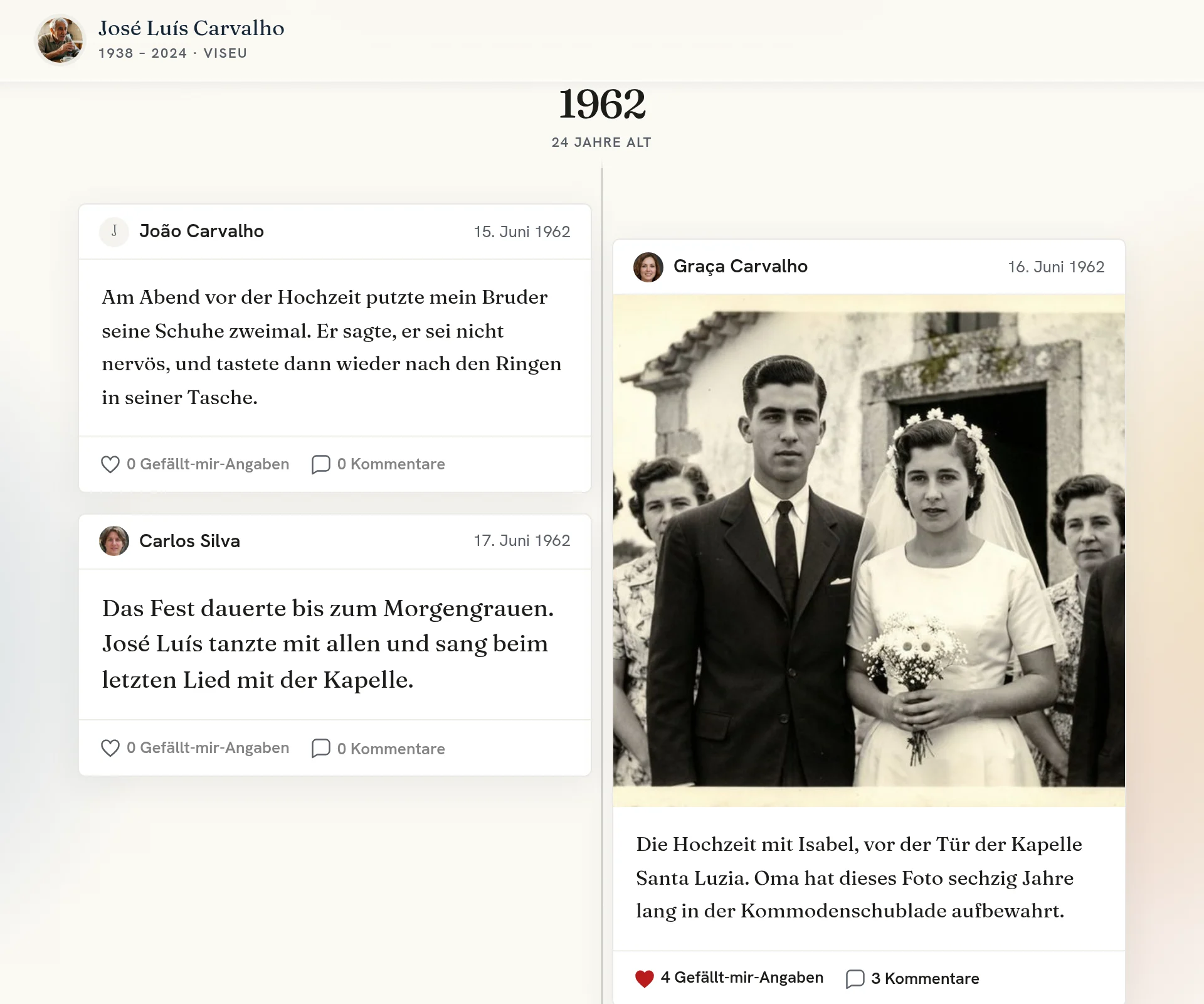 Die aktuelle Zeitleiste der Gedenkseite von José Luís Carvalho mit Familiengeschichten und einem Hochzeitsfoto aus dem Jahr 1962.