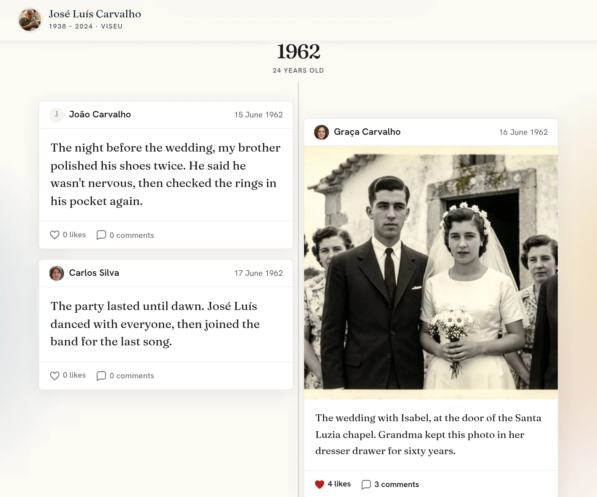 The actual memorial timeline of José Luís Carvalho, with family stories and a wedding photo from 1962.