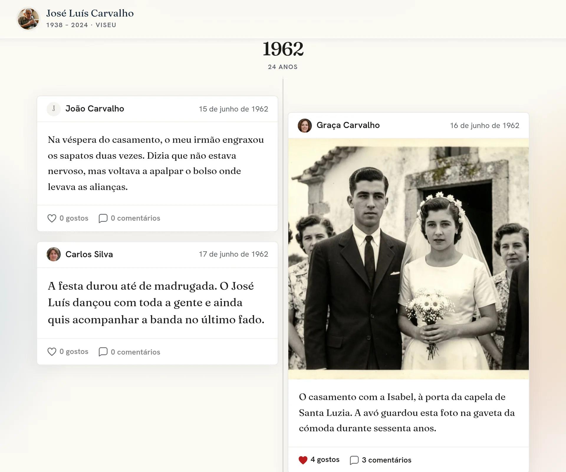 A linha do tempo real do memorial do José Luís Carvalho, com histórias da família e uma foto do casamento de 1962.