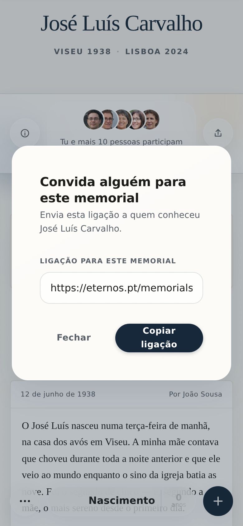 A ligação de um memorial pronta para enviar à família, vista num telemóvel.